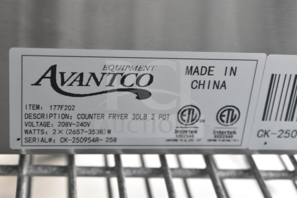 Avantco 177F202 30 lb. dual tank electric countertop fryer, 208-240V, ETL certified, made in China. Serial: CK-250954R-258.