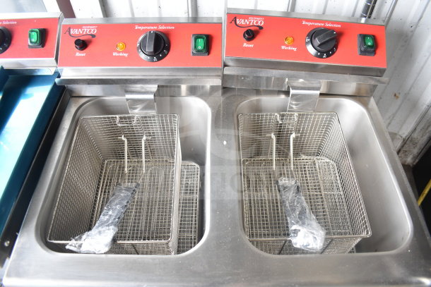 Brand new Avantco 177F202 dual tank electric fryer, 30 lb. capacity, medium-duty, 208-240V, 1 phase, minor scratches.
