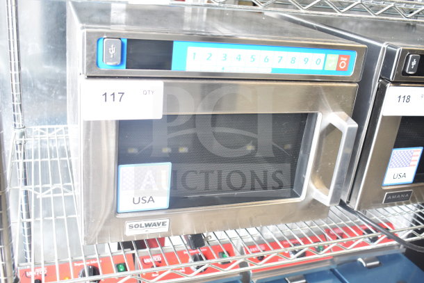 Brand new Solwave SWAHD18 stainless steel commercial microwave, push button controls, 208/240V, minor scratches.