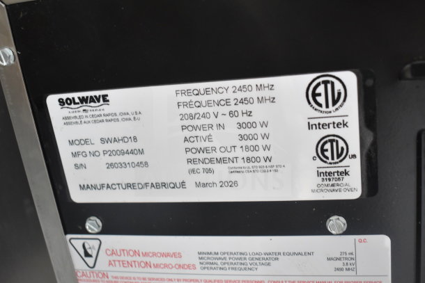 Solwave SWAHD18 stainless steel commercial microwave label, 3000W input, 1800W output, 2450 MHz, manufactured March 2026.