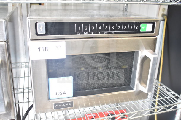 2026 Solwave HDC12A2 stainless steel commercial microwave, push-button controls, 120V, minor scratches, shelf display.
