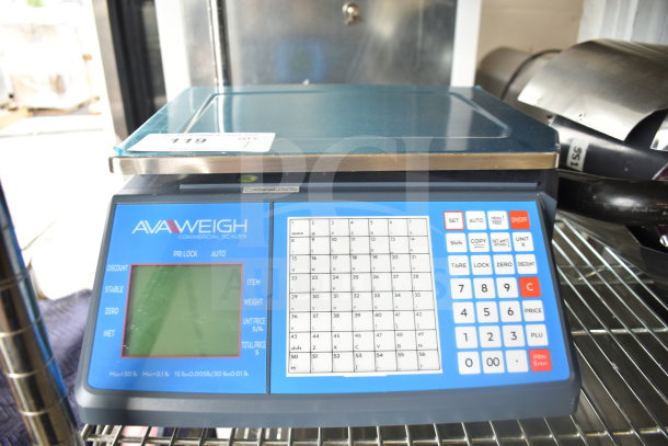 Brand new AvaWeigh 334PCSP30 digital WiFi price computing scale with thermal label printer, 30 lb capacity, minor dents.