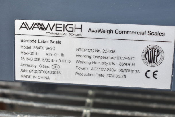 BRAND NEW AvaWeigh 334PCSP30 30 lb. Digital WiFi Price Computing Scale with Thermal Label Printer, max 30 lb., NTEP CC No. 22-038.