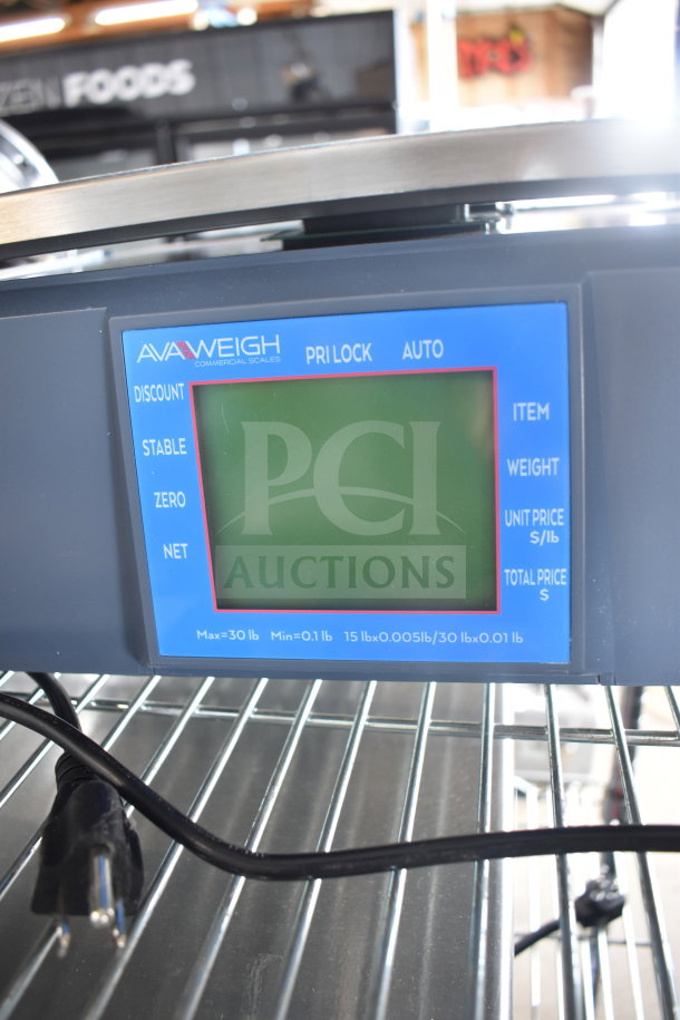 AvaWeigh 334PCSP30 digital scale with WiFi, thermal label printer, 30 lb capacity, mint condition, shown on display.