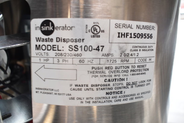 BRAND NEW InSinkErator SS-100-47 commercial garbage disposer, 208/230/460V, 3-phase, scratch and dent, model details visible.