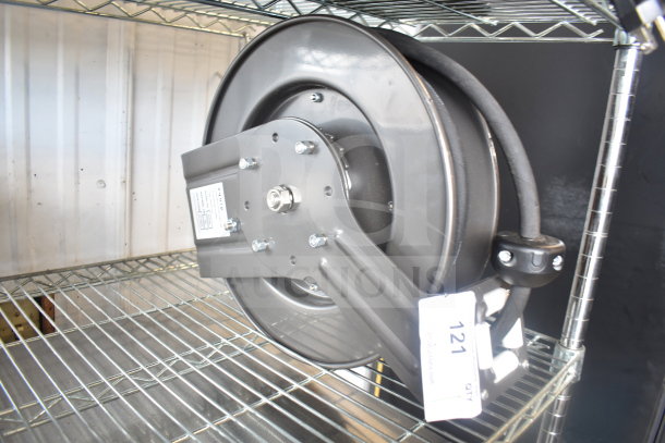 BRAND NEW SCRATCH AND DENT Equip 5HR-232-01 Hose Reel, 35' Hose, 2.27 GPM Spray Valve, visible label, mounted on shelf.