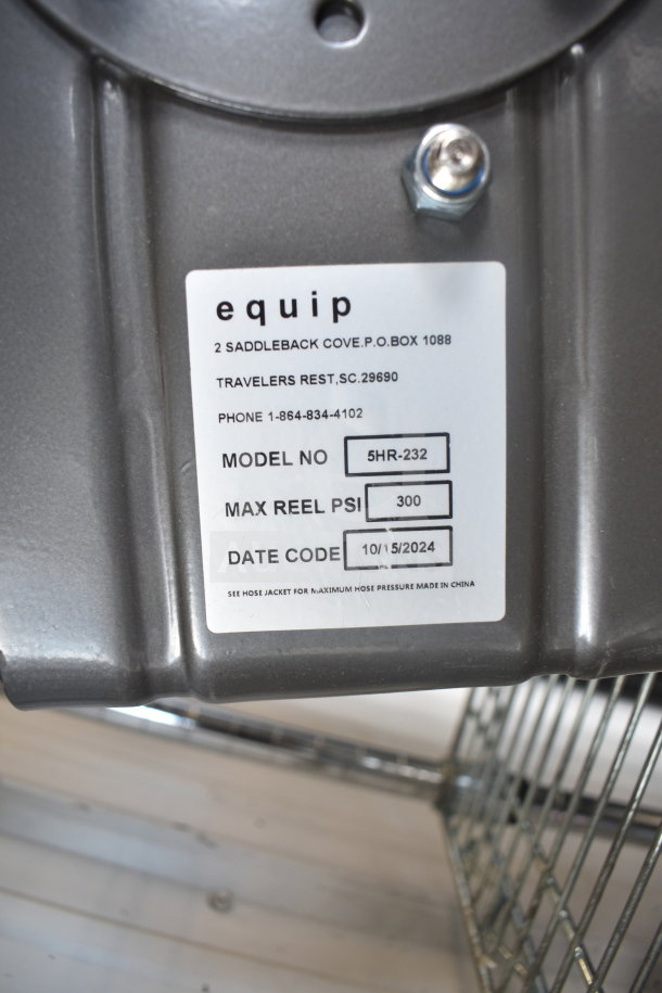 Brand new Equip 5HR-232 hose reel with 35' hose. Max PSI 300. Date code 10/5/2024. Model label visible.