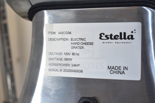 Estella 348CG34 electric hard cheese grater, 1.4 lb/min, 120V, 560W, 3/4 HP, made in China. Scratch and dent condition.