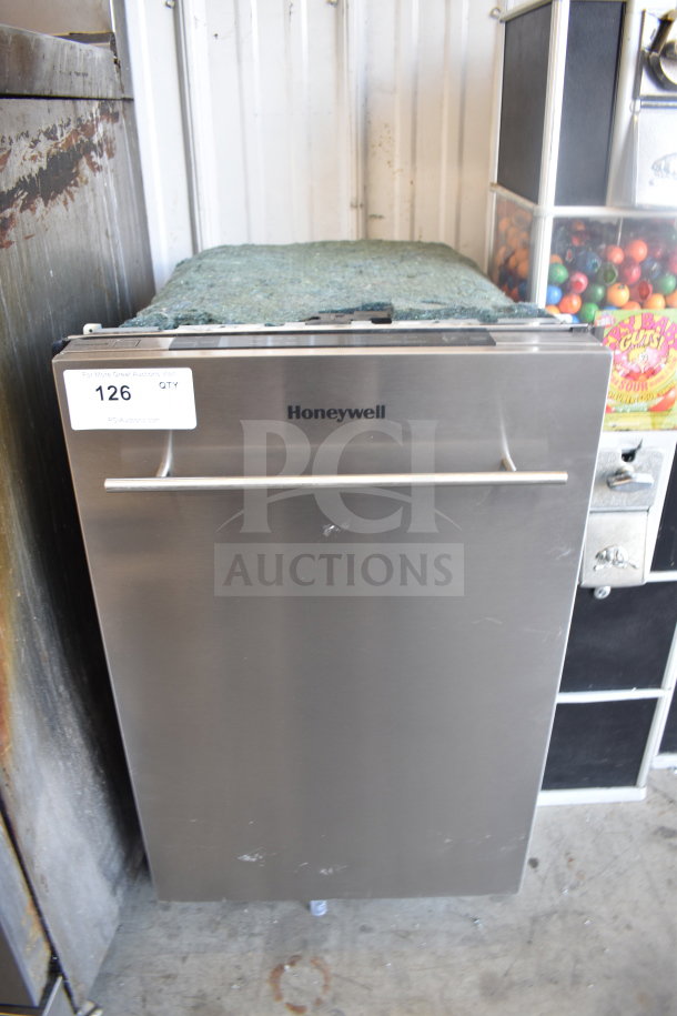 Honeywell HDS18SS 18" undercounter dishwasher in stainless steel. Features 120 volts, 1 phase. Visible label: "126 QTY".