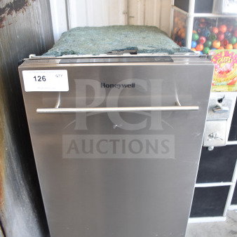 Honeywell HDS18SS 18" undercounter dishwasher in stainless steel. Features 120 volts, 1 phase. Visible label: "126 QTY".