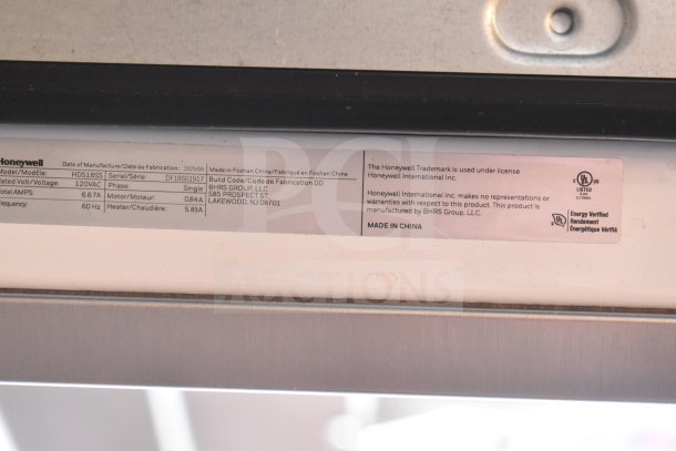 Honeywell HDS18SS 18" stainless steel undercounter dishwasher, 120V, 1 phase, model tag visible, UL listed, made in China.