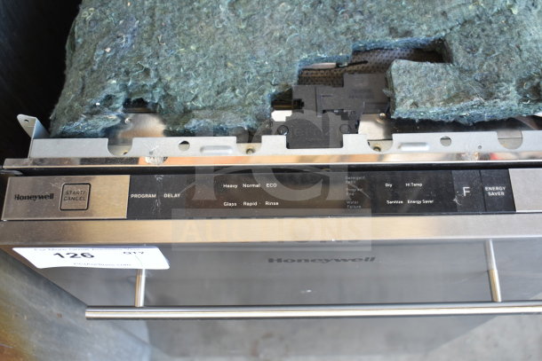 Honeywell HDS18SS 18" undercounter dishwasher, stainless steel, controls visible, model number on door, 120V, 1-phase.