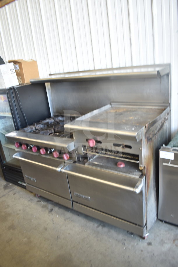 American Range commercial gas stove with 6 burners, flat top griddle, 2 ovens, over shelf, backsplash, on casters.