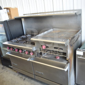 American Range commercial gas stove with 6 burners, flat top griddle, 2 ovens, over shelf, backsplash, on casters.