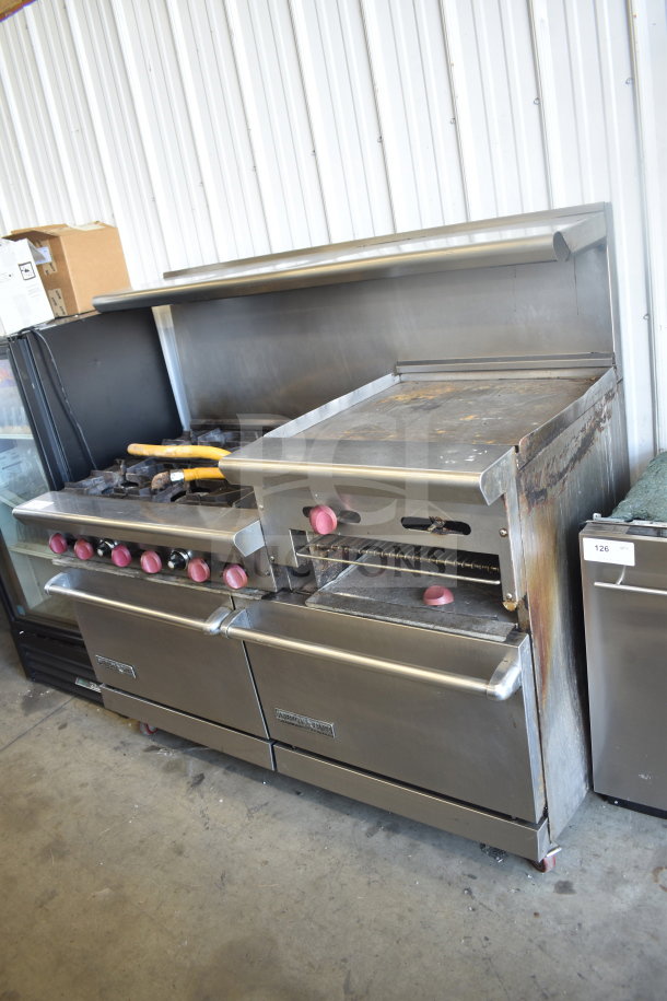 American Range commercial gas range with 6 burners, flat top griddle, 2 ovens, over shelf, backsplash, on casters.