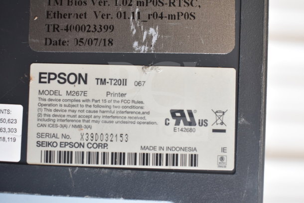 Epson TM-T20II receipt printer, Model M267E, serial X39D032153, compliance and manufacturing details visible.