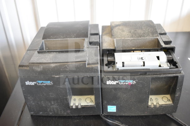 5 receipt printers with visible models Star TSP100III. Used condition with dust accumulation. Ideal for business use.