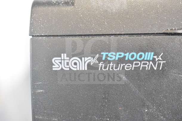 5 Receipt Printers featuring Star TSP100III branding on black casing; visible wear, bulk sale includes Epson models.