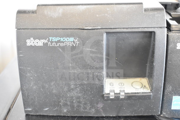 5 receipt printers, including Star TSP100III, visible wear. Ideal for retail use. Labels indicate model and features.