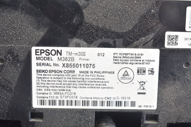 Epson receipt printer label, model TM-m30II M362B, serial X855011075, detailing compliance and manufacturing info.