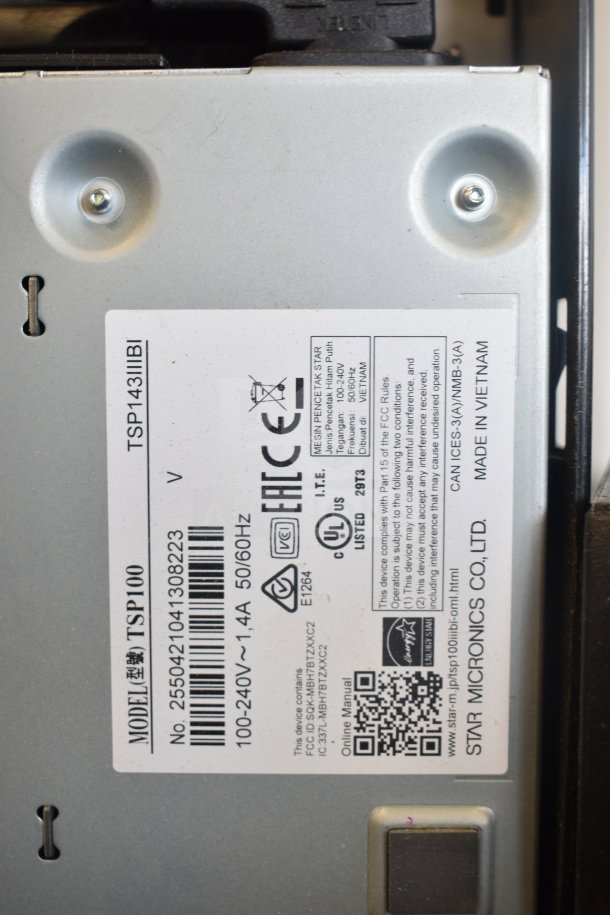 Star TSP143IIIBI receipt printer label, 100-240V, CE and UL listed, made in Vietnam, by Star Micronics Co., Ltd.