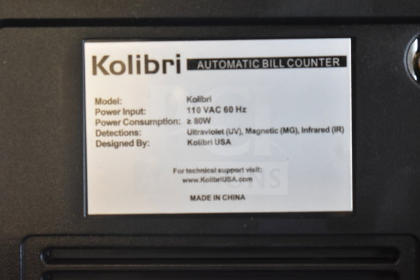 Kolibri Automatic Bill Counter, in original box. 110 Volts, 1 Phase. Model uses UV, MG, IR detections. Made in China.