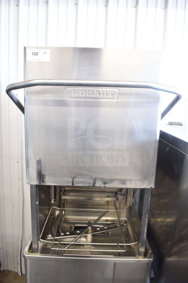 Hobart AM15 commercial dishwasher, corner pass-through, floor style, 208-240V, 3-phase, visible wear, model label included.