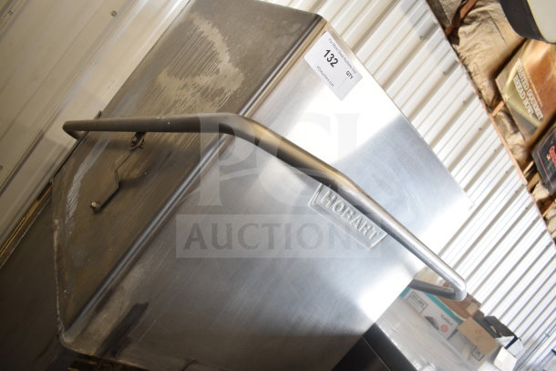 Hobart AM15 commercial corner pass-through dishwasher, stainless steel, 208-240V, 3 phase, visible label, used condition.
