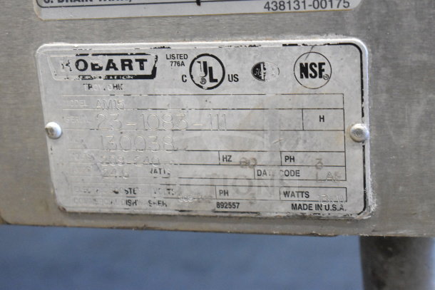 Hobart AM15 commercial dishwasher label showing model, volts 208-240, phase 3, and electrical information.