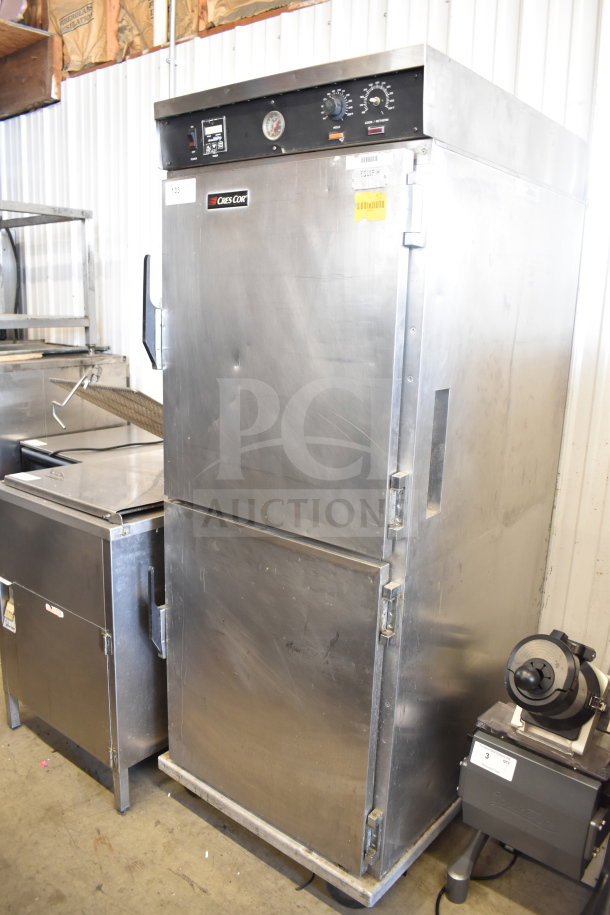 CreCor Commercial Heated Holding Cabinet, stainless steel, on casters, temperature controls, and gauges visible, good condition.