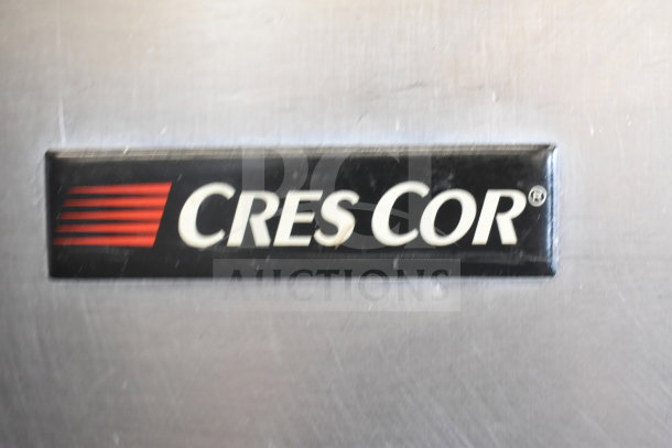 CreCor Commercial Heated Holding Cabinet logo on stainless steel surface; includes commercial casters for mobility.