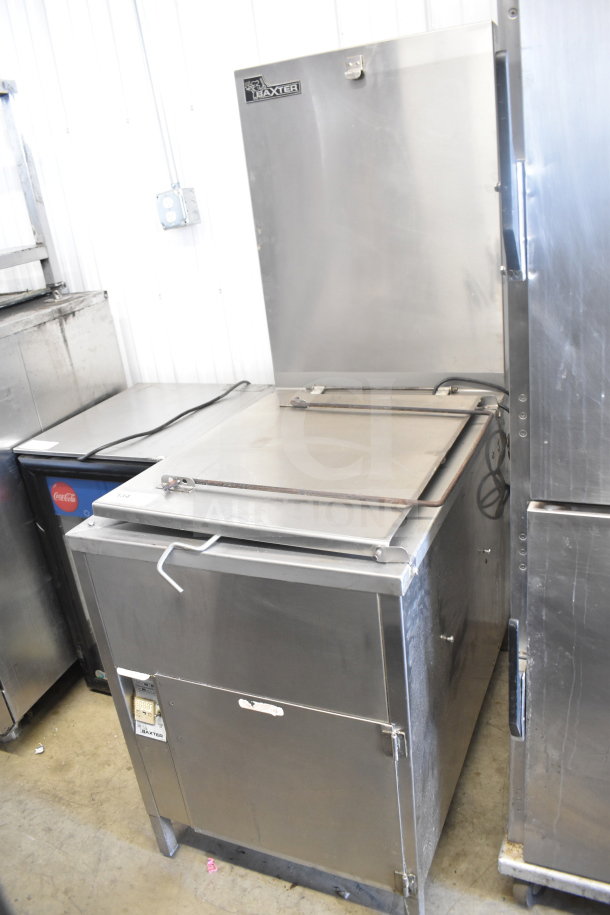 Baxter SP155G-M1826 commercial floor-style natural gas donut fryer in stainless steel, used condition, with control panel visible.