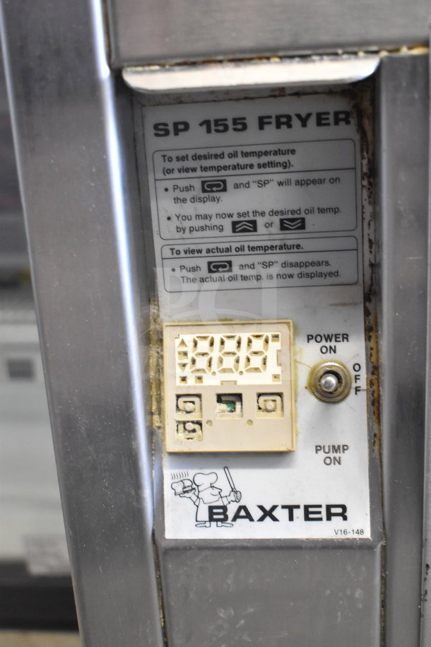 Baxter SP155G-M1826 commercial donut fryer control panel with temperature settings and power switch.