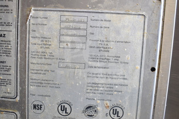 Baxter SP155G-M1826 commercial donut fryer tag, detailing model, serial number 9807-00932, natural gas, and manufacturing date.