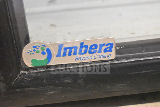 Imbera EVC04 Commercial Mini Cooler Merchandiser label, showing brand logo and model. 115 Volts, 1 Phase.