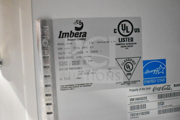Imbera EVC04 mini cooler label showing specifications: 115 volts, 1 phase, R-134a refrigerant, UL listed, Energy Star certified.