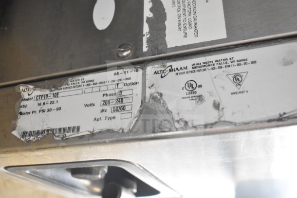 Alto Shaam CTP10-10E combi convection oven label, showing model, 208/240V, 3-phase, equipment details, and UL certification.