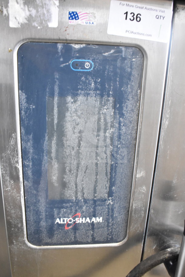 Alto Shaam CTP10-10EVH stainless steel combi oven with equipment stand, visible wear. Model CTP10-10E, 208/240V, 3-phase.