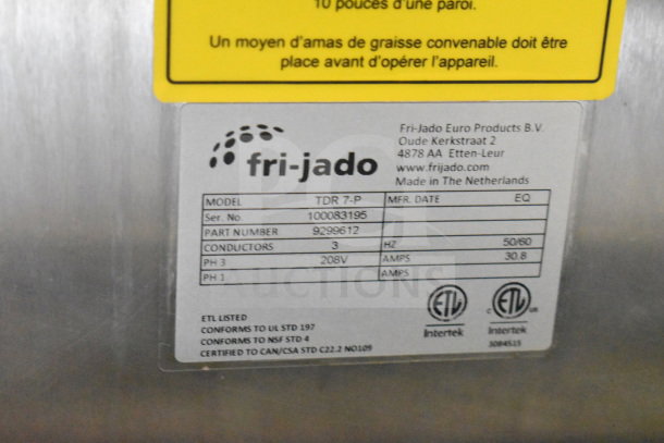 Fri-jado TDR 7-P commercial rotisserie oven label showing model, serial number, 208V, 3-phase, ETL listed.