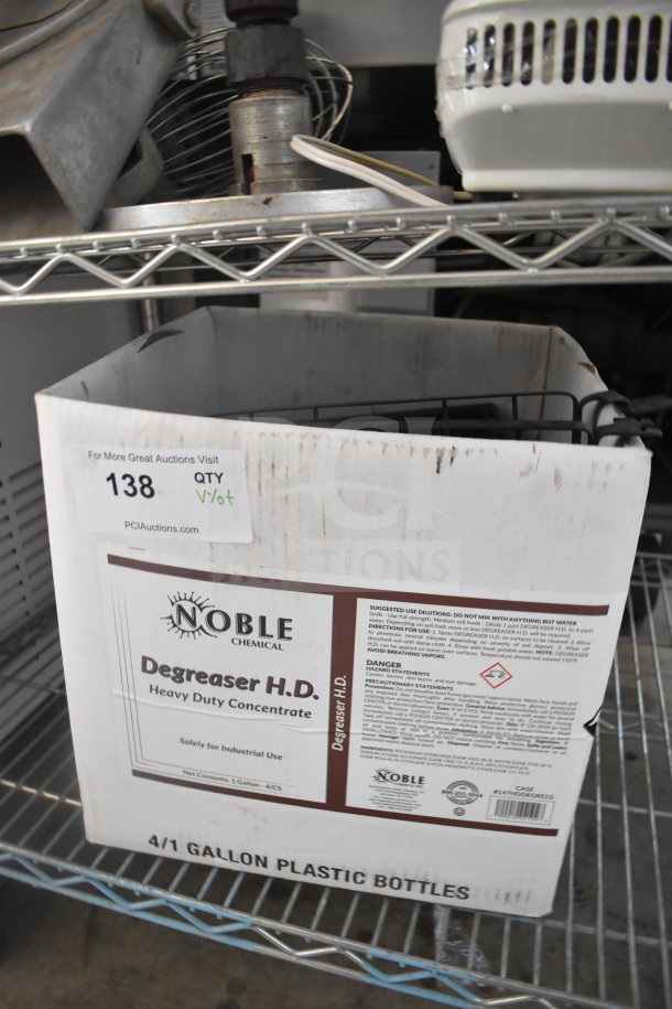 Lot of various items including metal racks and a Noble Chemical Degreaser H.D. box, suitable for industrial use.