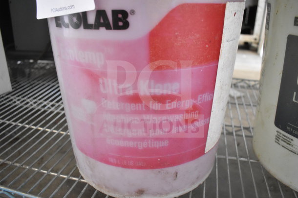 Ecolab Ultra Klene Detergent barrel for energy-efficient machine warewashing. 18.9L/5 US Gal. Worn label.