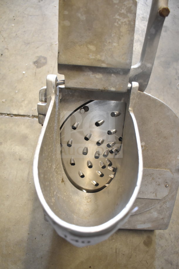 Metallic Pelican Head with S Blade attachment, used condition, features perforated design for food processing.