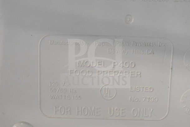 Popeil P400 Automatic Pasta Maker, 120V, 1 Phase, Beverly Hills manufacture label visible, home use only.