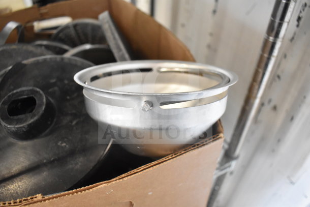Box of 20 various items including metal food processor blades, slightly worn, ideal for culinary equipment use.