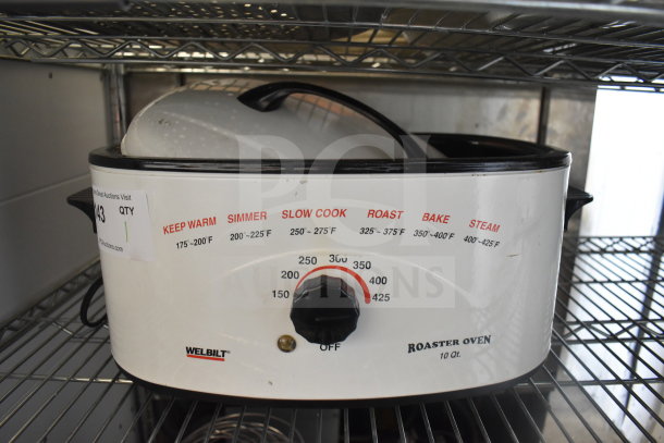 Welbilt RS10M 10 Quart roaster oven, features temperature dial, cooking modes, 120V, 1 Phase, used condition, auction label attached.