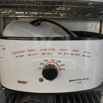 Welbilt RS10M 10 Quart roaster oven, features temperature dial, cooking modes, 120V, 1 Phase, used condition, auction label attached.