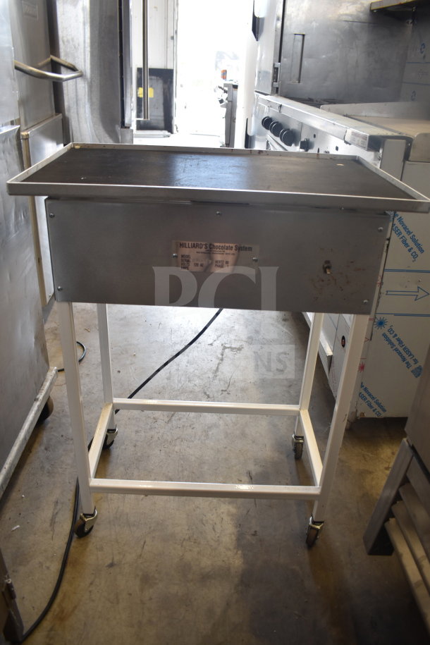 Hilliard's Floor Style Chocolate System, 120 Volts, 1 Phase, metal frame, wheeled base, label visible on front panel.