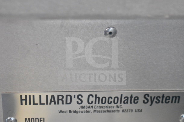 Hilliard's Floor Style Chocolate System label, 120 Volts, 1 Phase. Manufacturer: Jimsan Enterprises, West Bridgewater, MA.