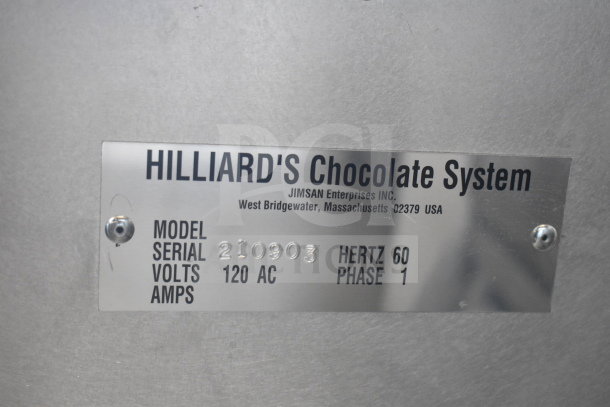 Hilliard's Floor Style Chocolate System, 120 Volts, 1 Phase, Model Serial 210903, on metal label.