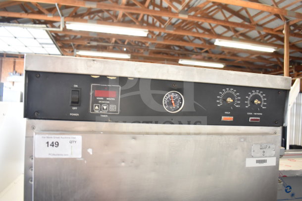 Commercial heated holding cabinet HU18-671-120 on casters, featuring control panel with temperature dials and power switch, model label visible.